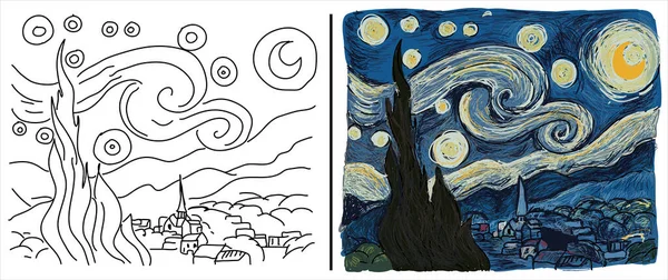 Coloring Page Starry Night Based Vincent Van Gogh Painting — стоковый вектор