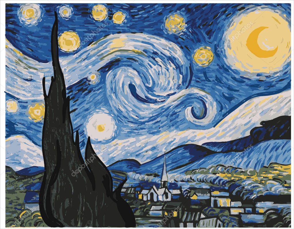 Coloring page with "The Starry Night" based on Vincent van Gogh's painting. 2023