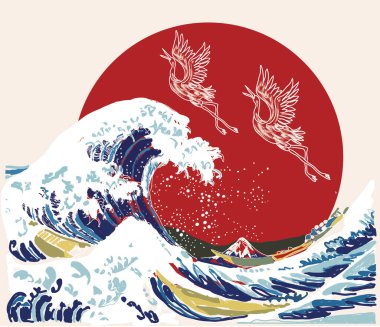 Japanese style background vector. Storks and wave hand drawing vector illustration