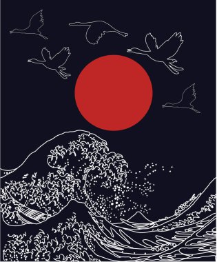 Japanese style background vector. Storks and wave on black background hand drawing vector illustration