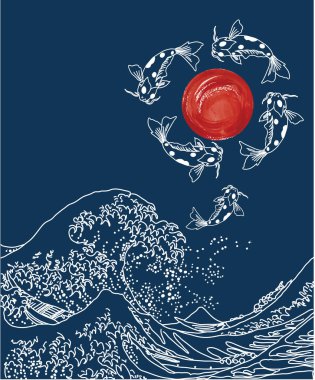 Japanese Style Background. Big wave and koi fishes on blue background