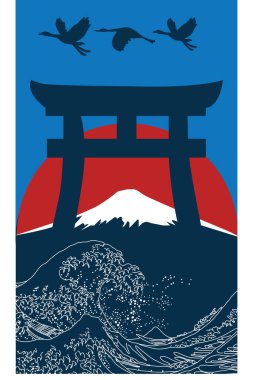 Japanese style background. Torii Gate, Fuji mountain, The great wave off kanagawa and storks hand drawing vector