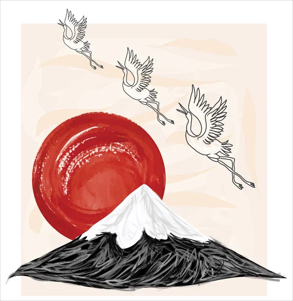 Japanese Style Background Vector Mountain Stork Hand Drawing Vector Illustration — Stockový vektor