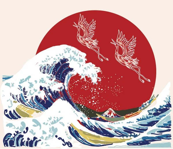 Japanese Style Background Vector Storks Wave Hand Drawing Vector Illustration — стоковый вектор