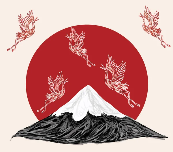 Japanese Style Background Vector Mountain Stork Hand Drawing Vector Illustration — Stockový vektor