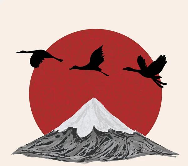 Japanese Style Background Vector Mountain Stork Hand Drawing Vector Illustration — Stockový vektor