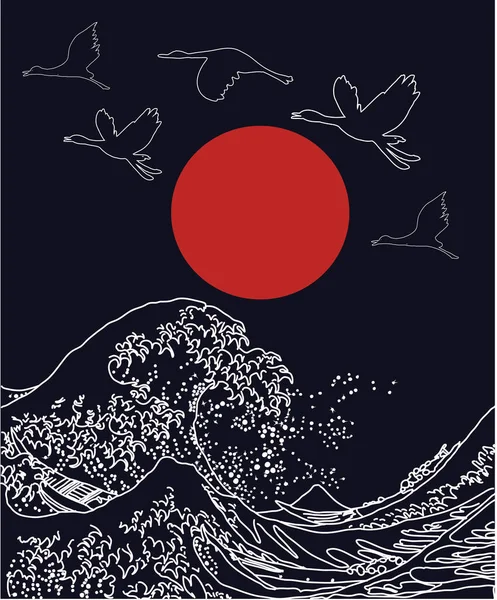 Japanese Style Background Vector Storks Wave Black Background Hand Drawing — стоковый вектор