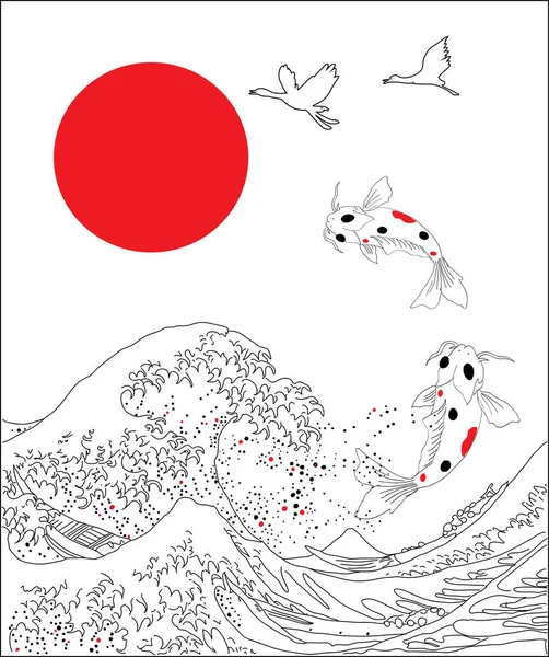 Japanese Style Background Big Wave Storks Koi Fishes — Stockový vektor