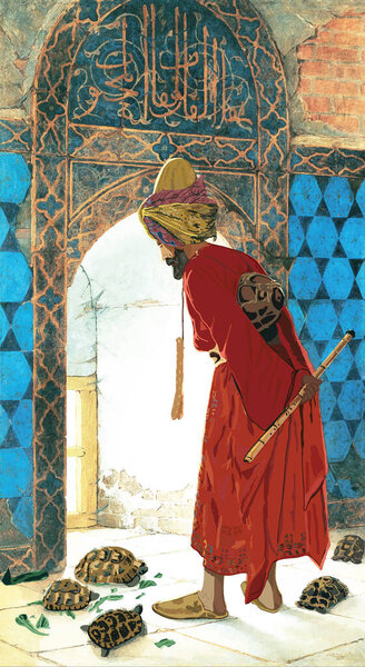 The Tortoise Trainer painting, by Osman Hamdi Bey, a famous paint from the 19th century Ottoman period. Vector illustration.