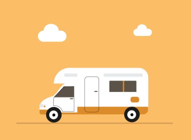 Vector theme of Caravan Road trip, Adventure, Trailering, Camping, outdoor recreation, adventures in nature, vacation. Colorful bus.