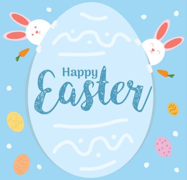 happy easter egg rabbits and carrots on blue background vector