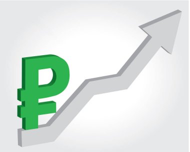 Russian money currency appreciation. Green Russian Ruble icon with grey increasing arrow vector illustration