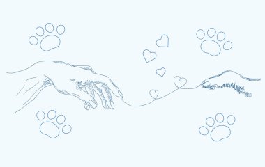 Human hand and dog paw hand drawing vector. Animal Love, human-animal bond