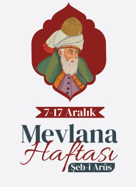 Mevlana Celaleddin-i Rumi, Mevlana Haftasi Turkey Konya, eb-i Arus. Tebrik Karti. Çeviri: Mevlana Rumi Günü, 2 Aralık. Dönen Derviş Sufi Dini Dansı.