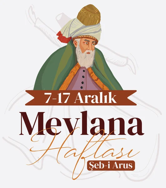 Mevlana Celaleddin-i Rumi, Mevlana Haftasi Turkey Konya, eb-i Arus. Tebrik Karti. Çeviri: Mevlana Rumi Günü, 2 Aralık. Dönen Derviş Sufi Dini Dansı.