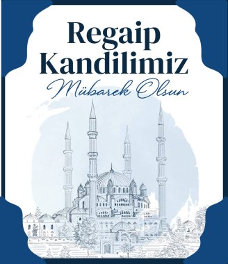 Müslüman bayramı, ziyafet. İslami kutsal gece konsept vektörü. Çeviri: Kutsanmış Regaip Kandil 'imiz (Regaip Kandil beş İslam gecesinden biridir))