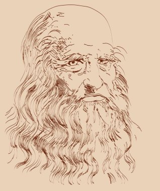 Kağıt arka planda elle çizilmiş vektör portresi. Leonardo Da Vinci