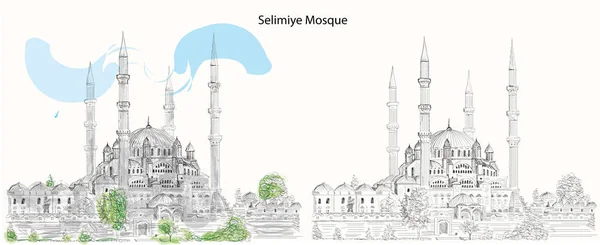 セリミエ モスク エディルネ トルコ 手描きベクトルイラストラインアート 偉大な建築家の芸術 Sinan — ストックベクタ
