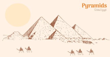 Giza, Mısır 'da piramitler ve çöl çiziyor. Vektör illüstrasyonu