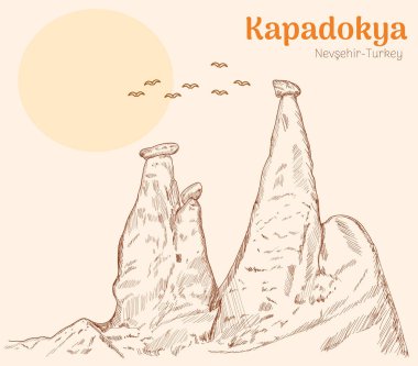 Kapadokya - nevsehir hindisi. el çizimi vektör illüstrasyonu