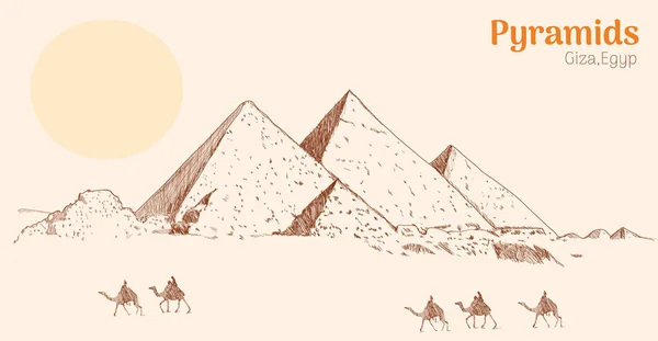 Dibujo Pirámides Desierto Giza Egipto Ilustración Vectorial — Vector de stock