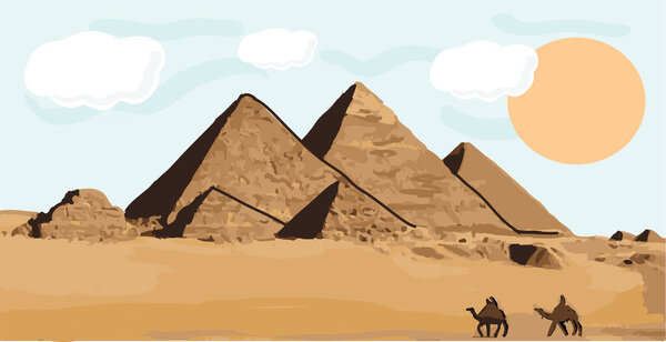 Рисование пирамид и пустынь в Гизе, Египет. Векторная иллюстрация