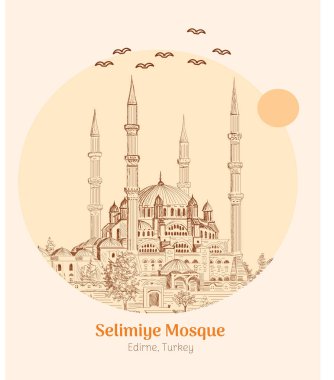 Selimiye Camii Edirne Türkiye. El çizimi vektör çizim çizimi sanatı. Büyük mimar Sinan 'ın sanatı