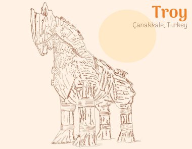 Wooden Trojan Horse Drifting on a Plinth Hand Drawn Sketch Illustration clipart