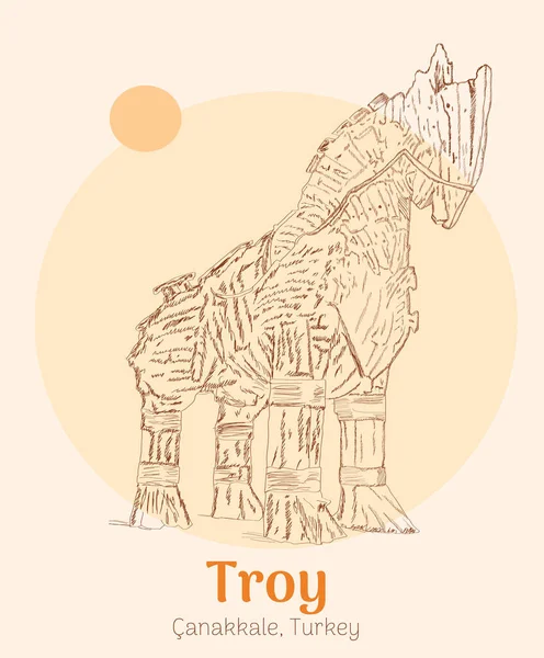 Wooden Trojan Horse Drifting Plinth Hand Drawn Sketch Illustration — Stock Vector