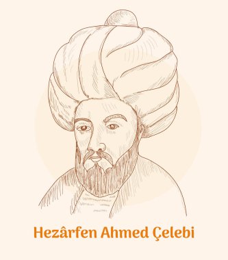 Hezrfen Ahmed celebi portrait hand drawing vector illustration