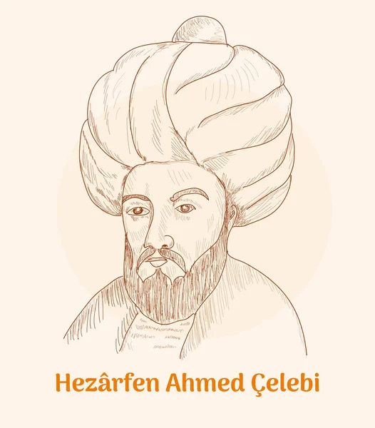 Hezrfen Ahmed Celebi Portrait Hand Drawing Vector Illustration — Stock vektor