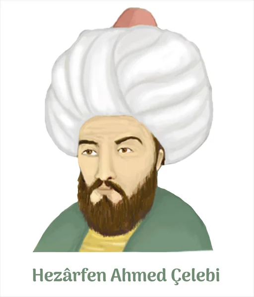 Hezrfen Ahmed Celebi Portrait Hand Drawing Vector Illustration — Vetor de Stock