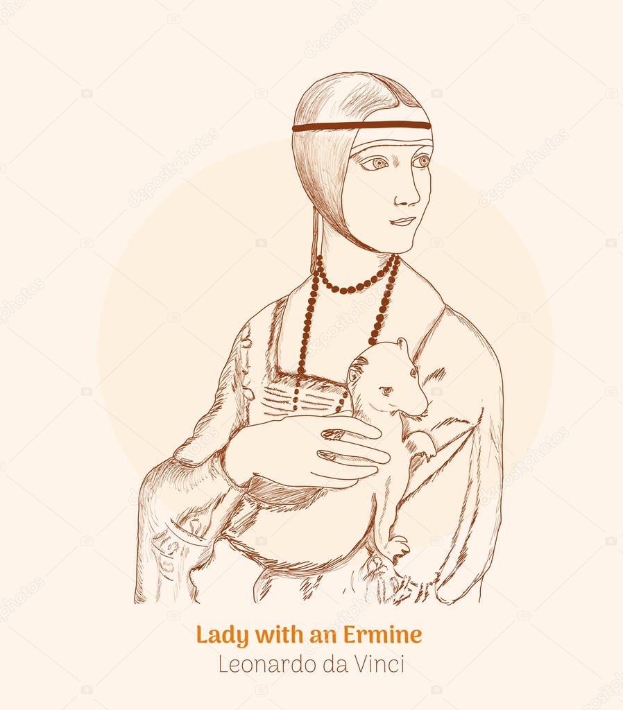 Lady with an Ermine by Leonardo da Vinci. Creative modern line Illustration