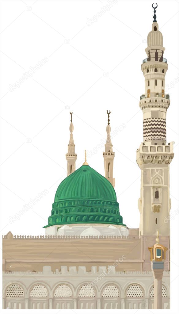 Al Masjid An Nabawi Mecca Saudi Arabia Hand drawn sketch. Vector illustration