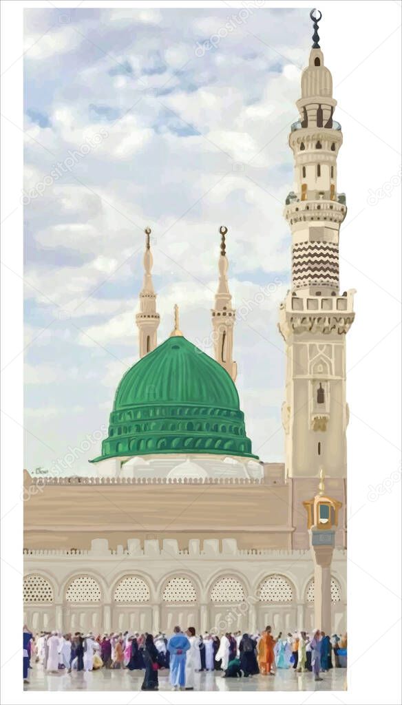 Al Masjid An Nabawi Mecca Saudi Arabia Hand drawn sketch. Vector illustration