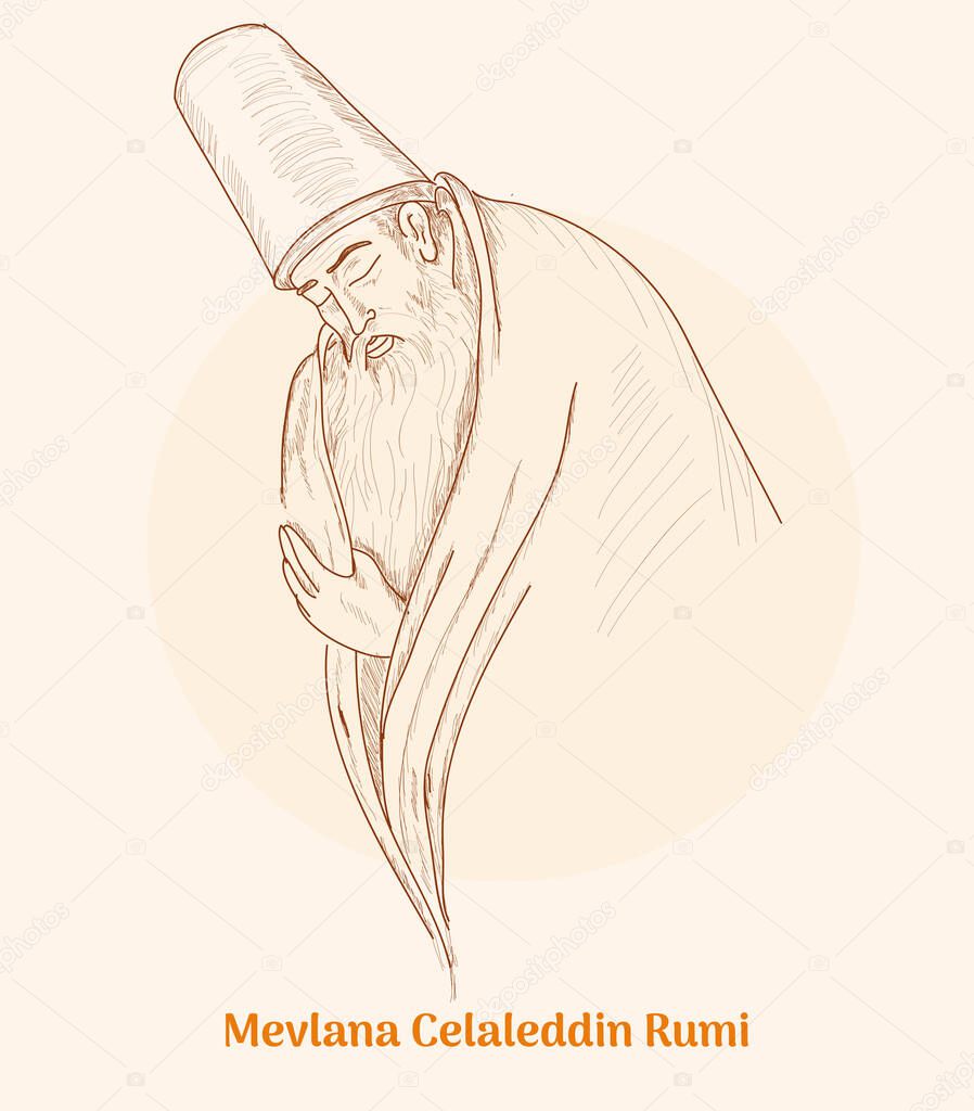 Mevlana Celaleddin Rumi hand drawing vector illustration