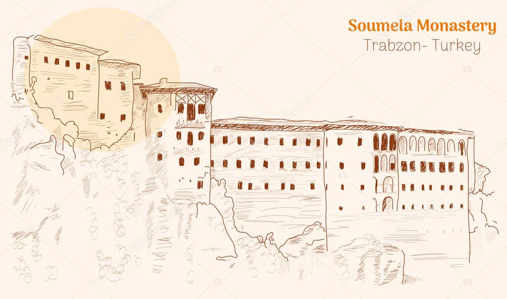 Soumela Monastery trabzon turkey hand drawing vector illustration
