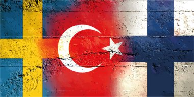 Türkiye, Finlandiya ve İsveç bayrağı yırtılmış kağıt grunge arka planı. Soyut NATO üyeliği, siyasi çatışmalar, savaş konsepti dokusu geçmişi