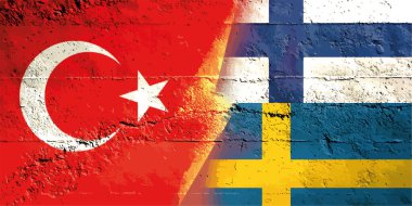 Türkiye, Finlandiya ve İsveç bayrağı yırtılmış kağıt grunge arka planı. Soyut NATO üyeliği, siyasi çatışmalar, savaş konsepti dokusu geçmişi