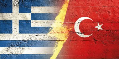 Dispute between Turkey and Greece. Tensions between Turkey and Greece. Turkish and Greek flag facing each other