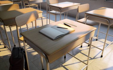 Sınıftaki masa ve sandalyeler defter, kalem ve cetvel 3d ile hazırlanıyor.