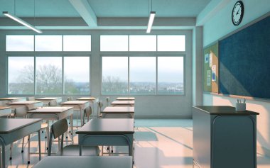 Okul sınıfında sandalyeler, masalar ve karatahta 3D öğrenci çizimi olmadan