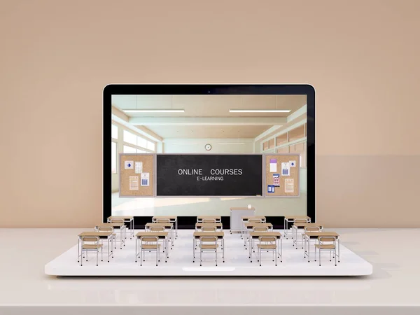 Modelo Aula Con Laptop Concept Para Cursos Línea Learning Online — Foto de Stock