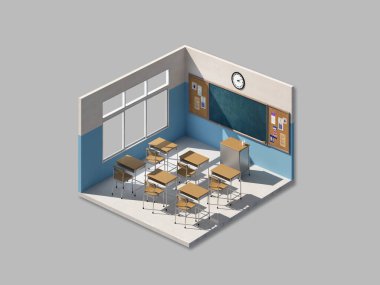 Sandalyeleri, masaları ve karatahtası olan 3D öğrenci çizimi olmayan Isome sınıfı