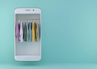 İnternet sitesinden ya da mobil uygulamadan alışveriş. Kıyafet, kıyafet kavramı. 3D görüntüleme