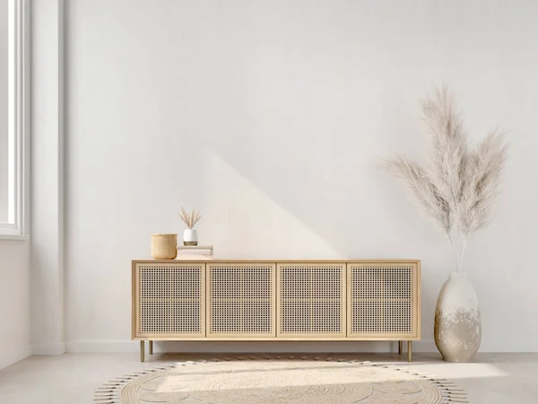 Cabinet Minimal Living Room Pampas Pot Rug Sunlight White Concrete — Foto Stock