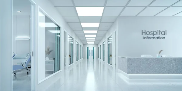 Empty Corridor Modern Hospital Information Counter Hospital Bed Rooms Rendering — Foto de Stock