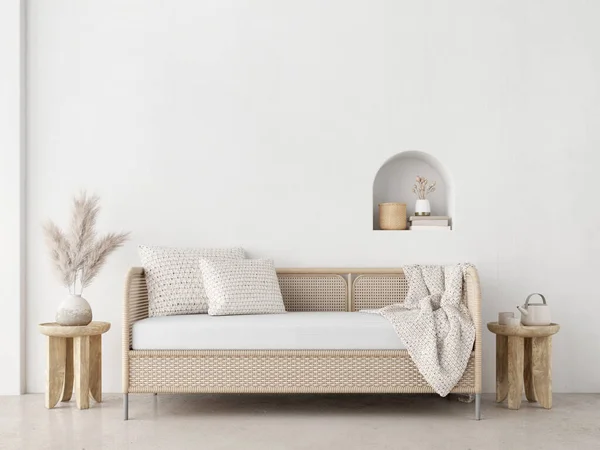 Boho Style Living Room Wicker Sofa Pampas Pot White Wall — Foto Stock