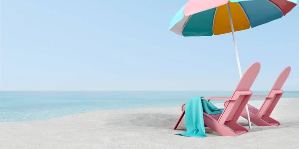 Pink Beach Chairs Beach Umbrella White Sand Sea View Background — Stock Photo, Image