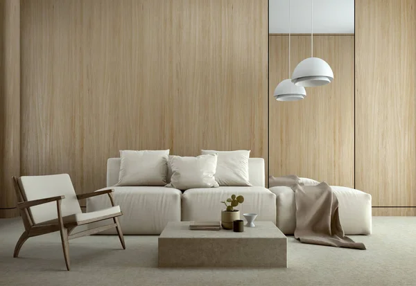 Holztöne Wohnzimmer Modernen Stil Mit Sofa Stuhl Lampe Und Hölzernen — Stockfoto